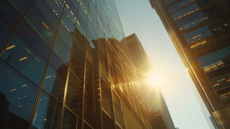 A close-up shot of a glass skyscraper gleaming in the sunlight, showcasing architectural marvels and corporate power in the cityscape.の素材