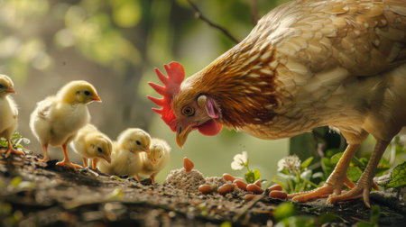 A close-up of a mother hen gently nudging her chicks towards a tasty treat, guiding and nurturing them with love and care.の素材