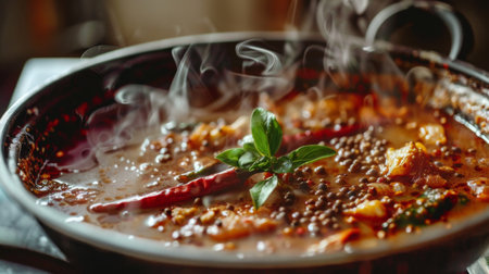 A bowl of Thai curry simmering on a stove, with aromatic steam rising and chili peppers and peppercorns visible in the rich sauce.の素材