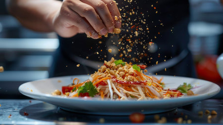 A chef adding the finishing touches to a plate of Thai papaya salad with a sprinkle of crushed peanuts and a drizzle of tangy dressing.の素材