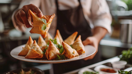A chef garnishing a platter of gourmet samosas with fresh cilantro leaves and a sprinkle of roasted cumin seeds, adding a touch of freshness and aroma.の素材