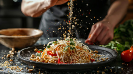 A chef adding the finishing touches to a plate of Thai papaya salad with a sprinkle of crushed peanuts and a drizzle of tangy dressing.の素材