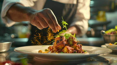 A chef plating up a gourmet paneer curry with intricate garnishes, presenting the dish as a culinary masterpiece worthy of a fine dining experience.の素材