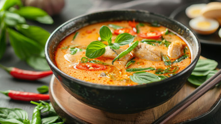 A bowl of fragrant Thai soup garnished with fresh herbs and sliced chili peppers, inviting viewers to savor the complex flavors of Thai cuisine.の素材