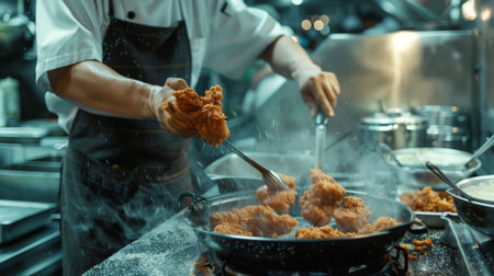 A chef preparing Thai-style fried chicken in a commercial kitchen, seasoning the chicken with aromatic spices before frying to perfection.の素材