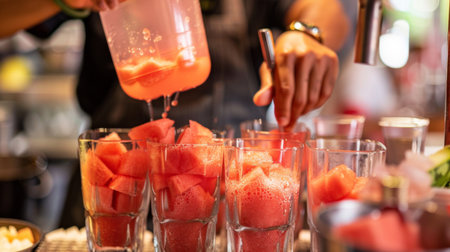 A chef preparing a batch of refreshing watermelon smoothies, blending chunks of juicy fruit with ice for a hydrating and revitalizing beverage.の素材