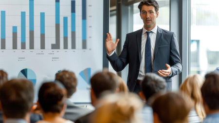 A businessman giving a presentation on financial trends to an attentive audience, showcasing expertise in the field of finance.の素材