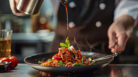 A chef adding the final touches to a plate of Thai basil stir-fry, drizzling a savory sauce over the sizzling hot dish, ready to be served and savored.の素材