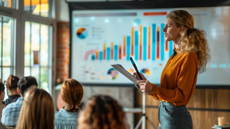 A person presenting a bar graph during a professional conference, sharing insights and trends with an engaged audience.の素材
