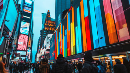 A colorful bar chart displayed on a digital billboard in a busy city, communicating financial insights to the public.の素材