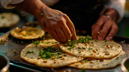 A chef garnishing paratha breads with fresh herbs and spices, enhancing their presentation and flavor for an elevated dining experience.の素材