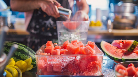 A chef preparing a batch of refreshing watermelon smoothies, blending chunks of juicy fruit with ice for a hydrating and revitalizing beverage.の素材