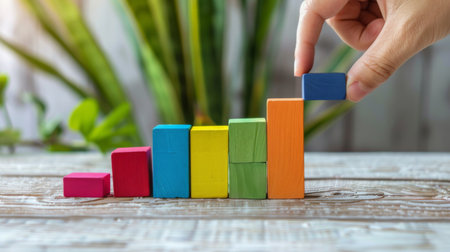 A hand arranging colorful blocks to create a bar graph, a playful approach to teaching statistical concepts to children.の素材