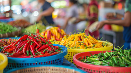 A market vendor selling fresh Thai chili peppers and peppercorns from colorful baskets at a bustling street market, capturing the essence of local culinary culture.の素材