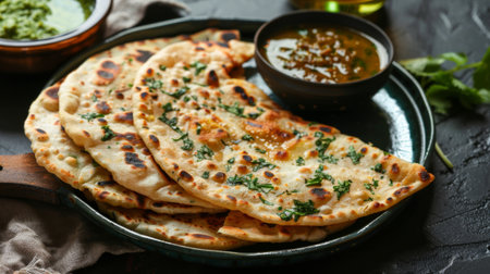 A plate of stuffed paratha breads served with mint chutney and tangy tamarind sauce, offering a burst of flavors and textures in every bite.の素材