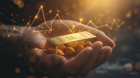 A close-up of a hand holding a gold bar with a shining golden graph overlay, symbolizing investment in precious metals.の素材