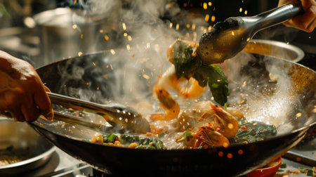 A chef tossing ingredients in a wok to create a flavorful Thai basil seafood stir-fry, showcasing the versatility of seafood in Thai culinary creations.の素材