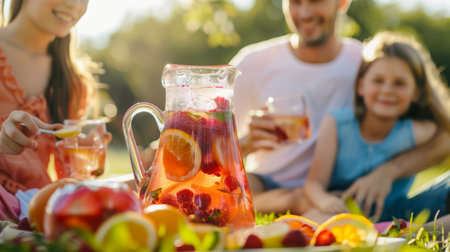 A family enjoying a picnic in the park, sharing a jug of homemade fruit punch filled with fresh berries, citrus slices, and sparkling water.の素材