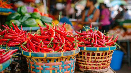 A market vendor selling fresh Thai chili peppers and peppercorns from colorful baskets at a bustling street market, capturing the essence of local culinary culture.の素材