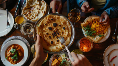 A group of friends dining at an Indian restaurant, relishing the aromatic aroma and buttery taste of paratha breads served with assorted accompaniments.の素材