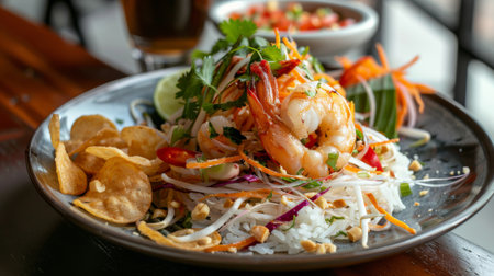 A plate of Thai papaya salad served with crispy shrimp chips and a side of Thai jasmine rice, offering a delightful combination of flavors and textures.の素材