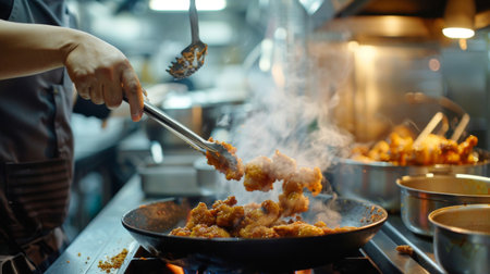 A chef preparing Thai-style fried chicken in a commercial kitchen, seasoning the chicken with aromatic spices before frying to perfection.の素材