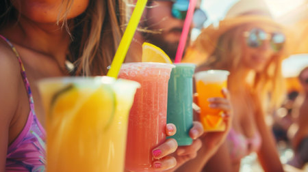 A group of friends enjoying tropical fruit smoothies at a beachside cafe, sipping from colorful straws and soaking up the sun's rays.の素材
