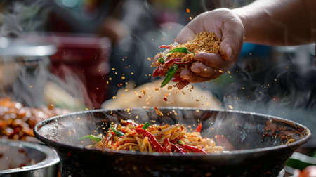 A hand sprinkling crushed Thai chili peppers onto a steaming bowl of noodles, showcasing the fiery heat characteristic of Thai street food.の素材