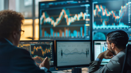 A group of investors discussing gold market dynamics in a modern office, surrounded by charts and graphs, illustrating informed decision-making.の素材