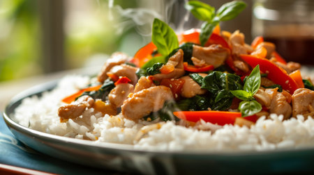 A tempting plate of Thai basil chicken stir-fry (Pad Krapow Gai) served over steaming jasmine rice, inviting viewers to savor the flavors of Thailand.の素材