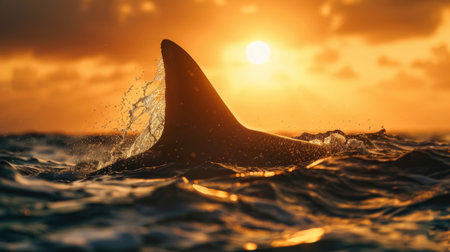Close-up of a whale shark's dorsal fin breaking the surface of the water, creating a dramatic silhouette against the backdrop of the setting sun, a symbol of freedom and resilience.の素材