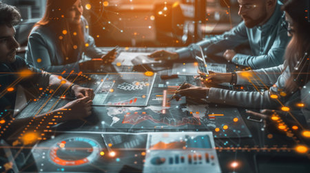 A team of business analysts collaborating on a project, surrounded by charts and graphs, illustrating teamwork and synergy in problem-solvingの素材