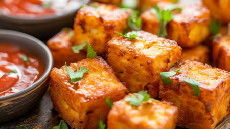 Close-up of golden-fried paneer cubes served with spicy dipping sauce, tantalizing viewers with the crispy exterior and creamy interior.の素材