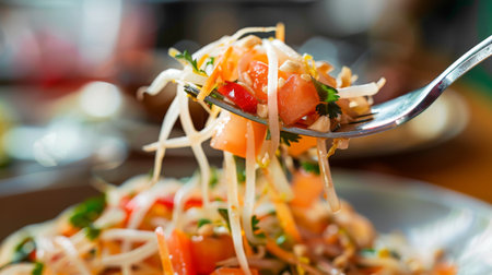 Close-up of a fork lifting a mouthwatering bite of Thai papaya salad, showcasing the texture and flavors of this iconic dish.の素材