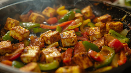 Close-up of paneer cubes being with bell peppers and onions in a sizzling pan, showcasing the preparation of paneer jalfrezi, a spicy stir-fry dish.の素材