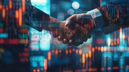 Close-up of a handshake between two business partners with financial charts in the background, symbolizing successful collaboration and agreements in finance.の素材