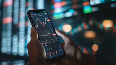 Hands holding a smartphone displaying a stock market app with real-time financial data, highlighting technology in finance.の素材