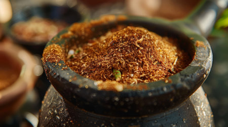Close-up of a mortar and pestle filled with freshly ground Thai spices, highlighting the traditional method of food preparation.の素材
