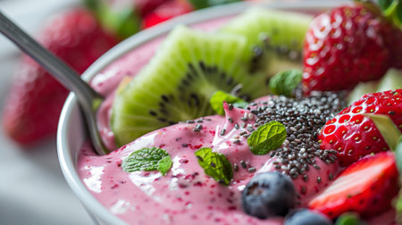 Close-up of a spoon scooping up a creamy berry smoothie bowl, topped with sliced kiwi, strawberries, and a sprinkle of chia seeds for added texture and nutrition.の素材