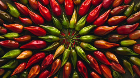 Close-up of Thai red and green chili peppers arranged in a decorative pattern, representing the bold and vibrant essence of Thai cuisine.の素材
