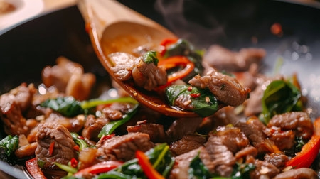Close-up of a wooden spoon scooping up a portion of Thai basil pork stir-fry, capturing the mouthwatering aroma and tender texture of the dish.の素材