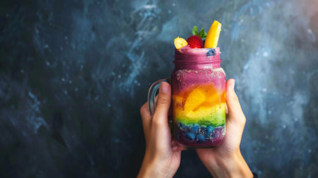 Hands holding a mason jar filled with a colorful rainbow smoothie, layered with different fruit purees and yogurt for a visually stunning and nutritious beverage.の素材