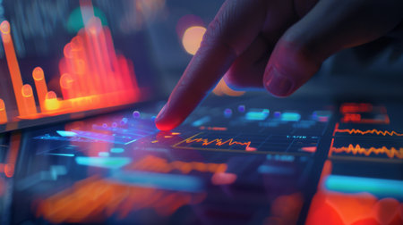 Close-up of a finger tapping on a touchscreen tablet showing interactive business graphs, representing digitalization and innovation in business management.の素材