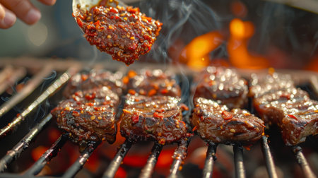Close-up of Thai chili paste being spread on a piece of grilled meat, accentuating the spicy and savory elements of Thai barbecue.の素材