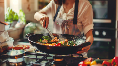 A woman cooking up a storm in her kitchen, preparing a batch of Thai basil stir-fry with her own twist, infusing it with her personal touch.の素材