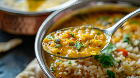 Close-up of a spoon scooping up a mouthful of aromatic dal from a traditional Indian thali, showcasing the creamy texture and rich flavors of this staple dish.の素材