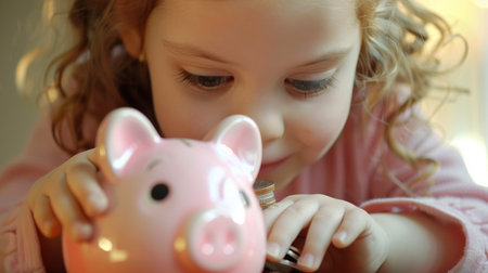 A child eagerly dropping coins into a piggy bank, learning the value of saving and financial responsibility from a young age.の素材