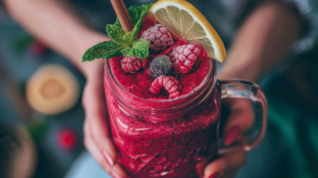 Hands holding a mason jar filled with a vibrant pink berry smoothie, topped with a sprig of mint and a slice of lemon for an extra burst of flavor.の素材