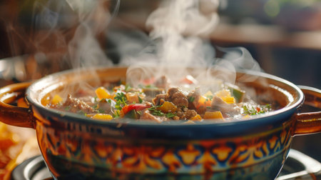 A close-up of a colorful ceramic pot brimming with simmering stew, steam rising invitingly from its savory depths.の素材