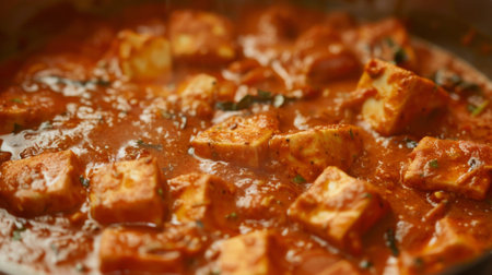 Close-up of paneer butter masala simmering in a creamy tomato gravy, exuding rich aroma and inviting viewers to indulge in its decadent flavors.の素材